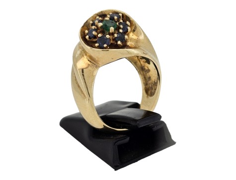 Unique Sapphire & Emerald Chunky Gold Dress Ring 14kt Yellow Gold