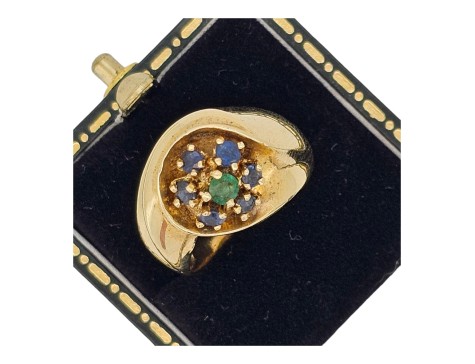 Unique Sapphire & Emerald Chunky Gold Dress Ring 14kt Yellow Gold