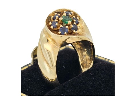 Unique Sapphire & Emerald Chunky Gold Dress Ring 14kt Yellow Gold
