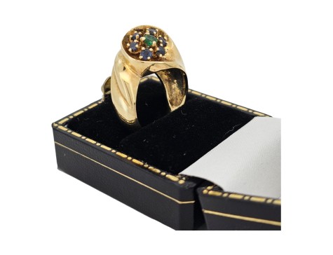 Unique Sapphire & Emerald Chunky Gold Dress Ring 14kt Yellow Gold