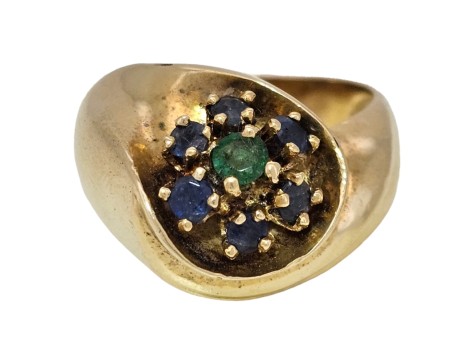 Unique Sapphire & Emerald Chunky Gold Dress Ring 14kt Yellow Gold