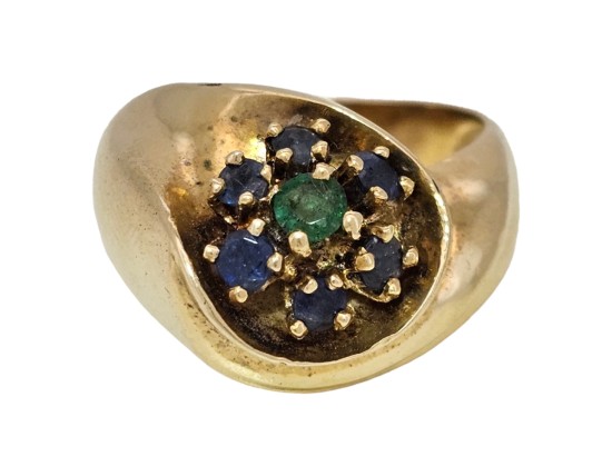 Unique Sapphire & Emerald Chunky Gold Dress Ring 14kt Yellow Gold