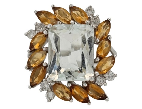 Aquamarine Citrine & Diamond 18ct White Gold Dress Cocktail Ring