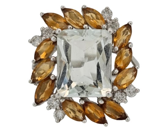 Aquamarine Citrine & Diamond 18ct White Gold Dress Cocktail Ring