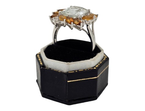 Aquamarine Citrine & Diamond 18ct White Gold Dress Cocktail Ring