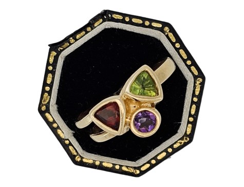 Garnet Amethyst Peridot Mackintosh Inspired Dress Ring 9ct Gold Multi-Gem 