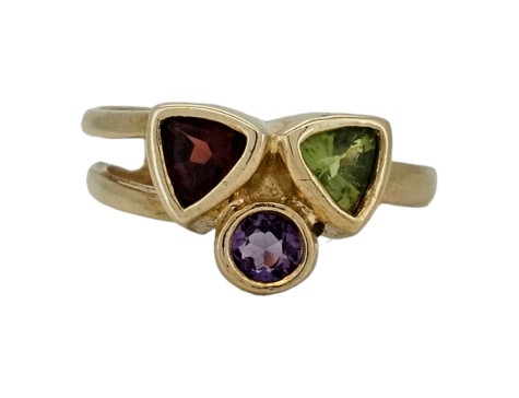 Garnet Amethyst Peridot Mackintosh Inspired Dress Ring 9ct Gold Multi-Gem 