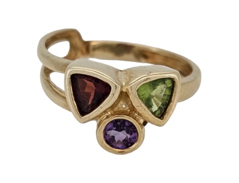 Garnet Amethyst Peridot Mackintosh Inspired Dress Ring 9ct Gold Multi-Gem 