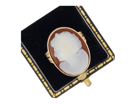 Hand Carved Cameo Dress Ring 9ct Gold Vintage 