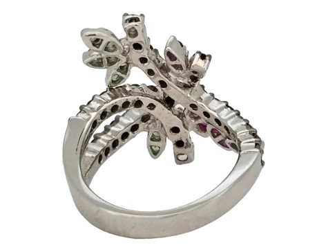 Diamond Ruby Green Garnet 18ct Gold Floral Spray Ring