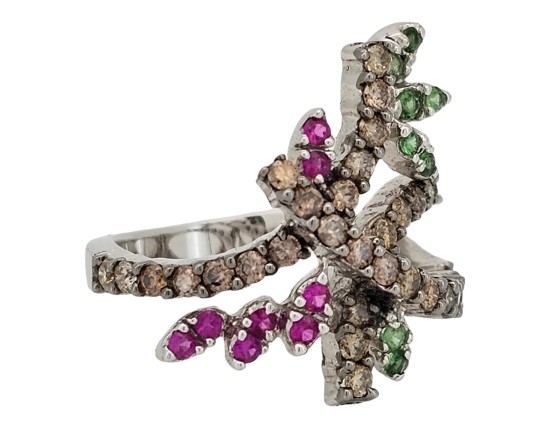 Diamond Ruby Green Garnet 18ct Gold Floral Spray Ring