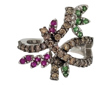 Diamond Ruby Green Garnet 18ct Gold Floral Spray Ring