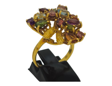 Multi-Gem Vintage Heavy 18ct Yellow Gold Floral Spray Cocktail Ring 1960's Statement Piece 