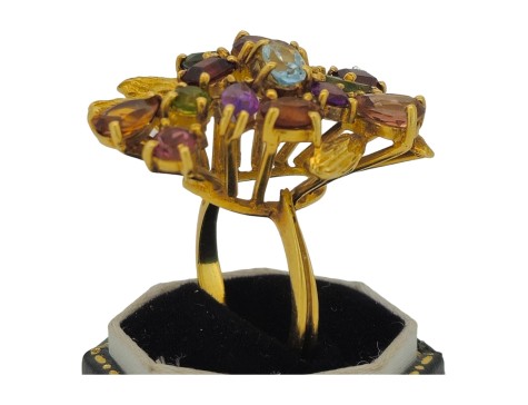 Multi-Gem Vintage Heavy 18ct Yellow Gold Floral Spray Cocktail Ring 1960's Statement Piece 