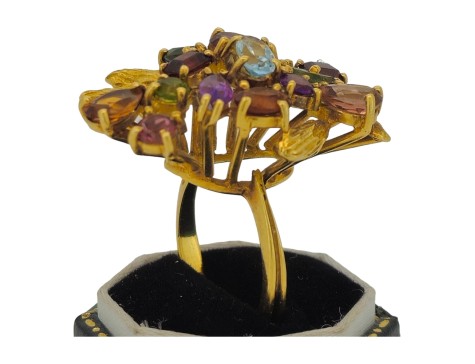 Multi-Gem Vintage Heavy 18ct Yellow Gold Floral Spray Cocktail Ring 1960's Statement Piece 