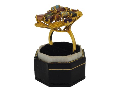 Multi-Gem Vintage Heavy 18ct Yellow Gold Floral Spray Cocktail Ring 1960's Statement Piece 