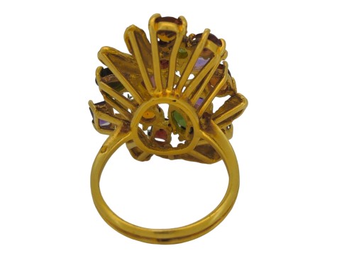 Multi-Gem Vintage Heavy 18ct Yellow Gold Floral Spray Cocktail Ring 1960's Statement Piece 