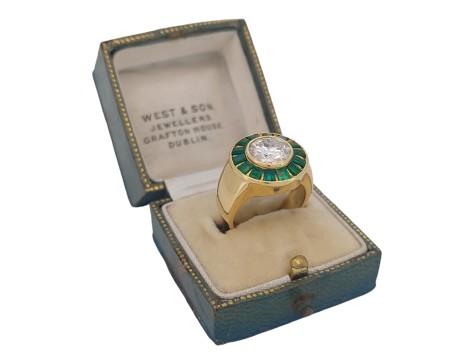 Diamond & Emerald Period Art Deco Cocktail Target Ring 18ct Yellow Gold  2.25ct Old European Cut 