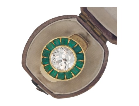 Diamond & Emerald Period Art Deco Cocktail Target Ring 18ct Yellow Gold  2.25ct Old European Cut 