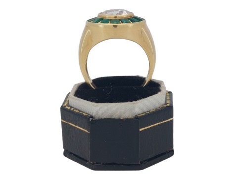 Diamond & Emerald Period Art Deco Cocktail Target Ring 18ct Yellow Gold  2.25ct Old European Cut 