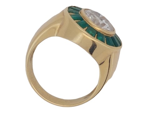 Diamond & Emerald Period Art Deco Cocktail Target Ring 18ct Yellow Gold  2.25ct Old European Cut 