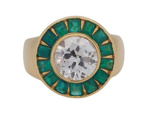 Diamond & Emerald Period Art Deco Cocktail Target Ring 18ct Yellow Gold  2.25ct Old European Cut 