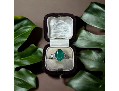 Emerald & Diamond Stepped Shoulder Platinum Five Stone Ring