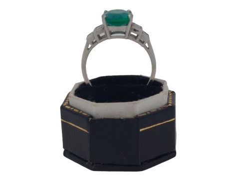 Emerald & Diamond Stepped Shoulder Platinum Five Stone Ring