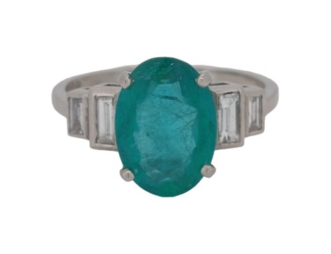 Emerald & Diamond Stepped Shoulder Platinum Five Stone Ring