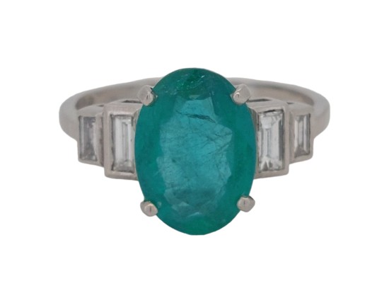Emerald & Diamond Stepped Shoulder Platinum Five Stone Ring