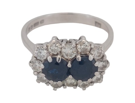 Sapphire & Diamond Two Stone Cluster Ring Vintage 18ct White Gold