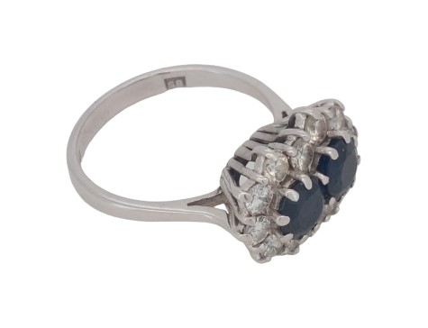 Sapphire & Diamond Two Stone Cluster Ring Vintage 18ct White Gold