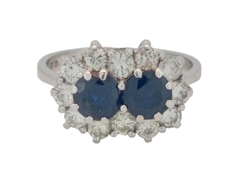 Sapphire & Diamond Two Stone Cluster Ring Vintage 18ct White Gold