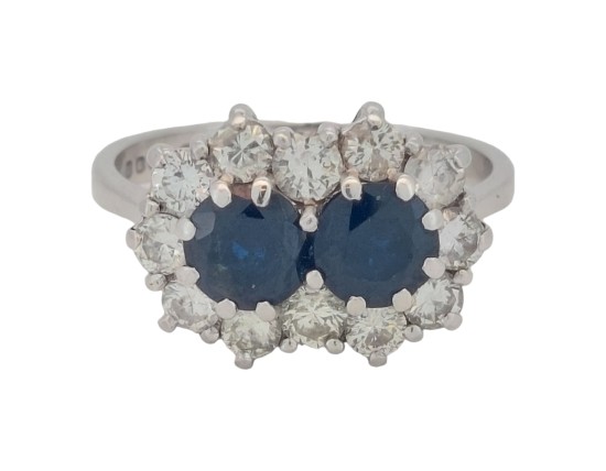 Sapphire & Diamond Two Stone Cluster Ring Vintage 18ct White Gold