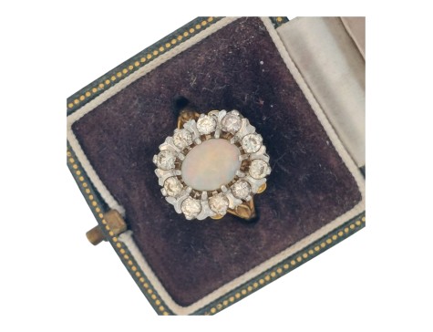Opal & Diamond 18ct Yellow Gold Vintage Cluster Ring 1.00ct Diamond  Australian Opal