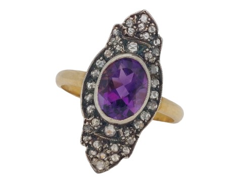 Amethyst & Diamond Georgian inspired Dress Cocktail Ring 18ct Gold