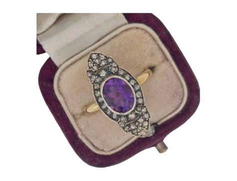 Amethyst & Diamond Georgian inspired Dress Cocktail Ring 18ct Gold