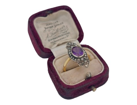 Amethyst & Diamond Georgian inspired Dress Cocktail Ring 18ct Gold