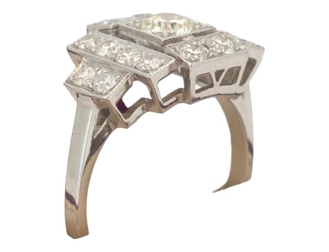 Diamond Set Art Deco Period Tiered Openwork Geometric Platinum Cluster Ring