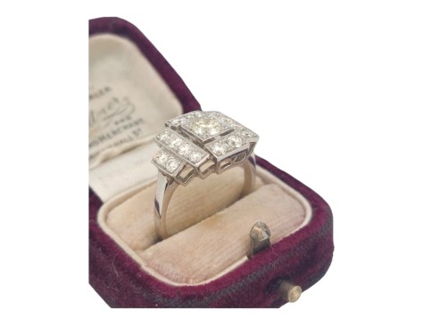 Diamond Set Art Deco Period Tiered Openwork Geometric Platinum Cluster Ring