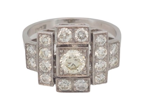 Diamond Set Art Deco Period Tiered Openwork Geometric Platinum Cluster Ring