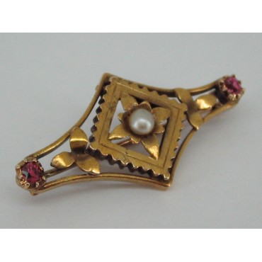 15ct Gold Ladies Victorian Ruby & Pearl Brooch