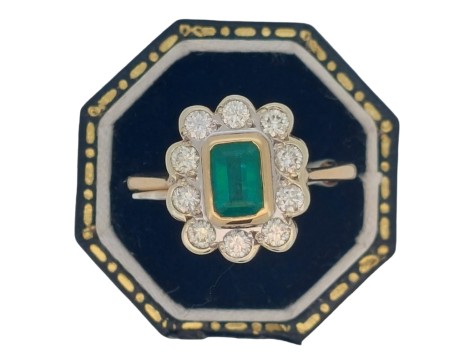 Emerald & Diamond Bezel Set Cluster Ring  