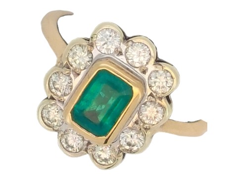 Emerald & Diamond Bezel Set Cluster Ring  