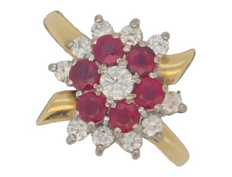 Ruby & Diamond Cluster Ring 18ct Yellow Gold F-G Colour Vintage