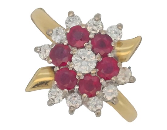 Ruby & Diamond Cluster Ring 18ct Yellow Gold F-G Colour Vintage