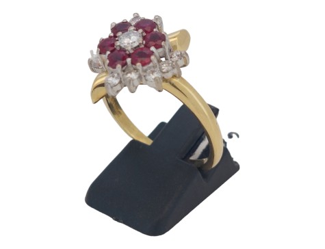 Ruby & Diamond Cluster Ring 18ct Yellow Gold F-G Colour Vintage