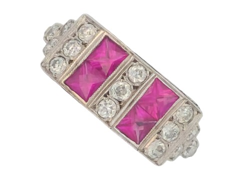 Ruby & Diamond 18ct White Gold Art Deco Style Dress Ring