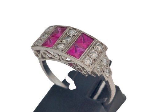 Ruby & Diamond 18ct White Gold Art Deco Style Dress Ring