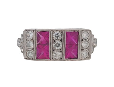 Ruby & Diamond 18ct White Gold Art Deco Style Dress Ring
